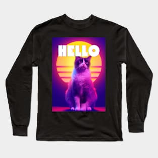 Hello Synthwave Retro Cat Long Sleeve T-Shirt